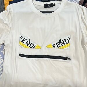 Fendi White Tee with Yellow Logo Eye Patches and Black Zip